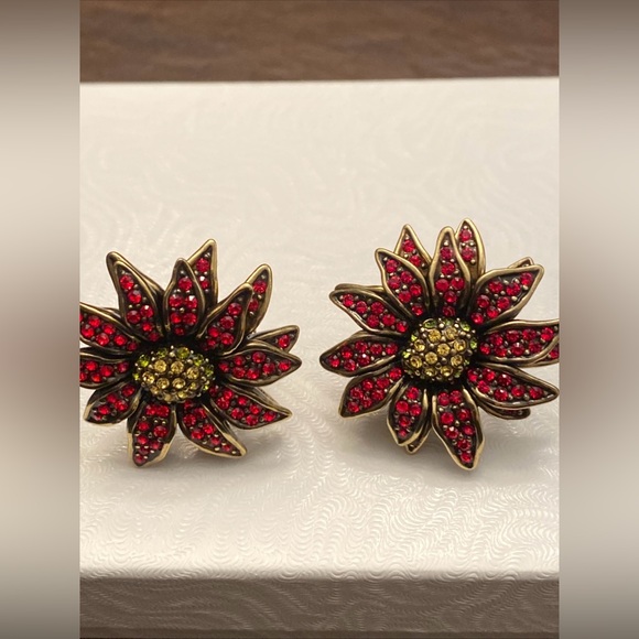Heidi Daus Poinsettia Flower Crystal Clip on Earrings Pave Art Deco Colorful - Picture 7 of 8